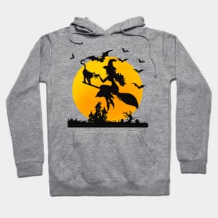 Witch Riding a Broom With Bats Halloween Gift Idea Hoodie